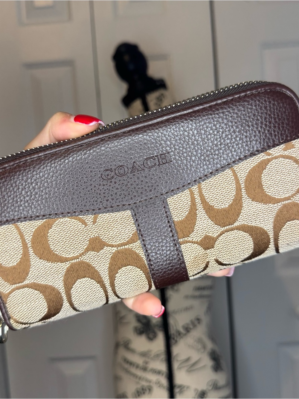 Coach Brown Signature Canvas Zip Wallet with Dark Brown Leather Trim